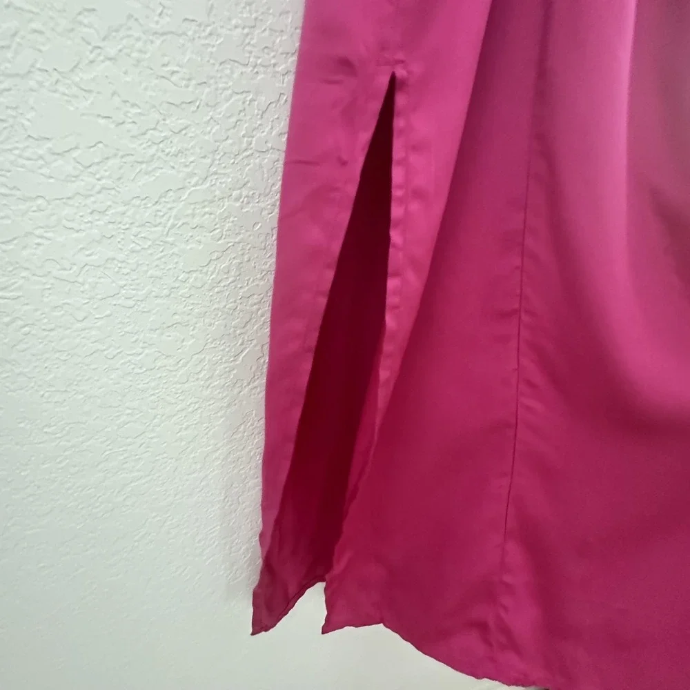 Old Navy Slip Maxi Dress S Raspberry Tart Pink Satin Smocked Side Slit Fairy NWT - Picture 6 of 16